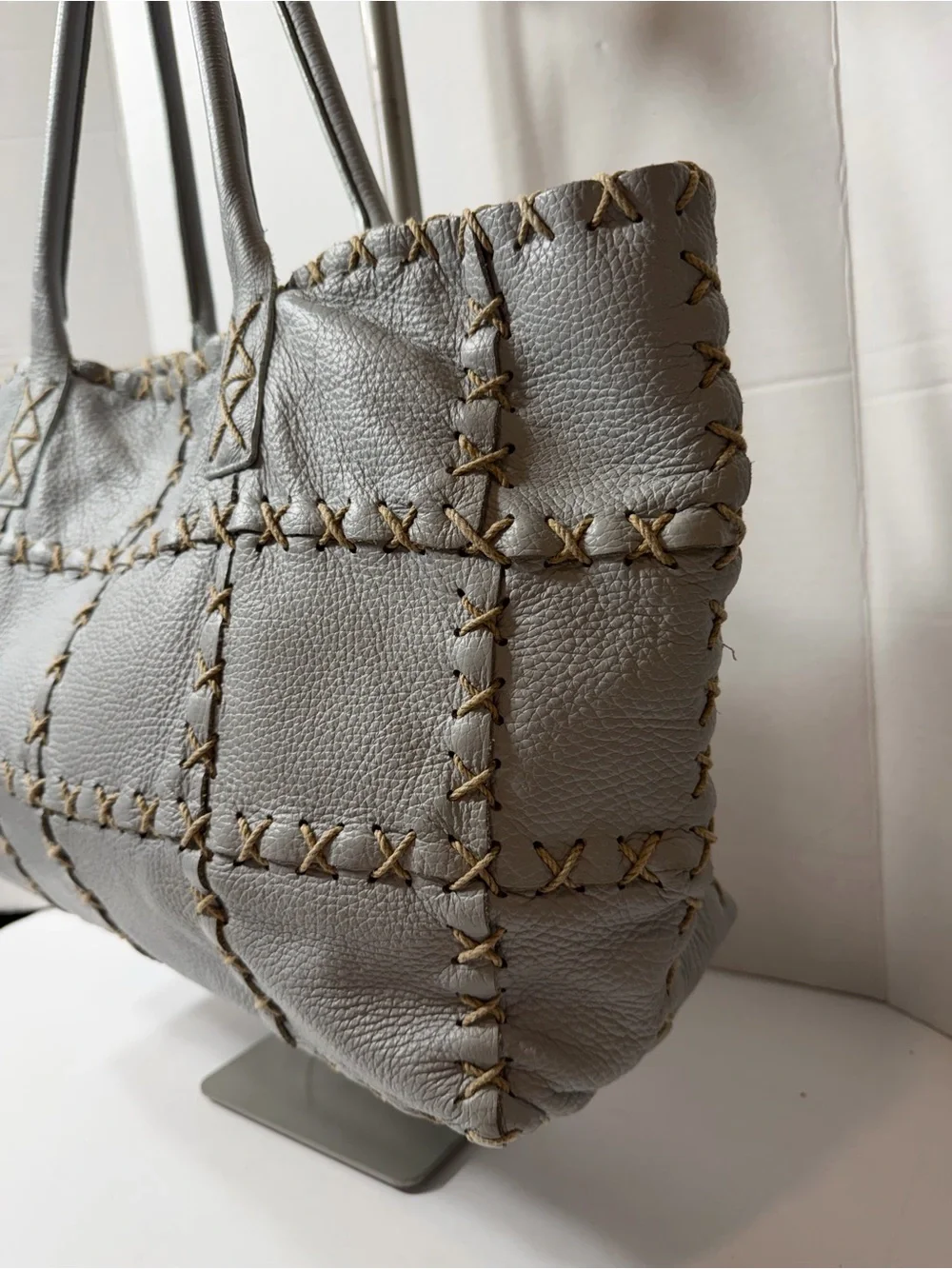BERGE ITALY LEATHER SQUARE STITCH PURSE PALE BLUE HOBO - Picture 2 of 7